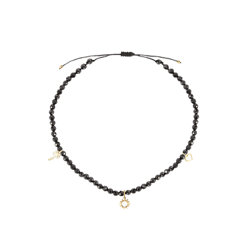 Bratara glezna turmalina neagra si pandante soare, palmier si inima - Aur galben de 14K